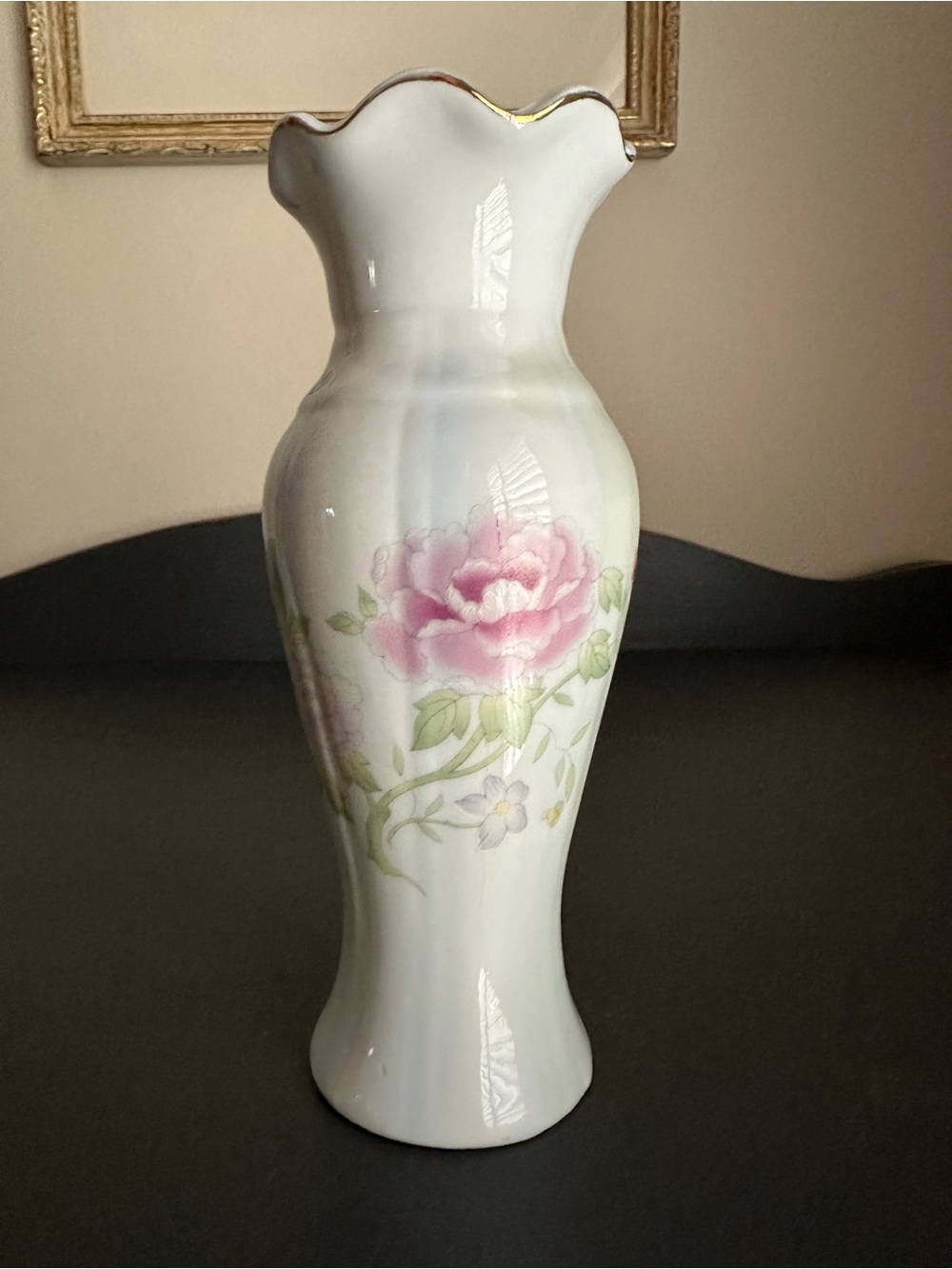 Vintage Porcelain Pink Rose Floral Vase with Gold Trim 6” Tall